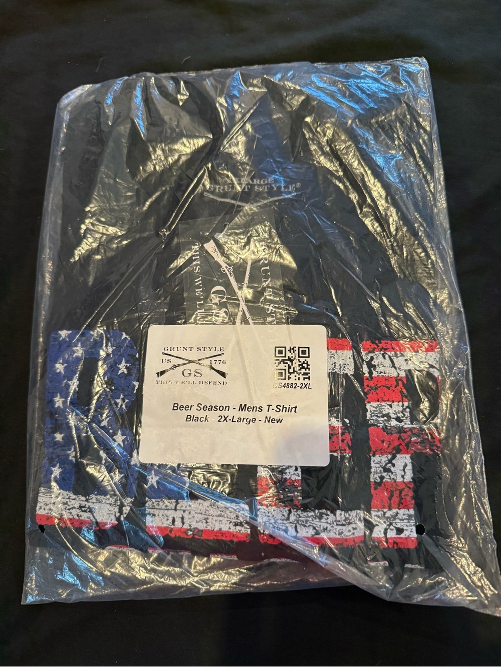 Grunt Style Black T-Shirt with Distressed Red, White & Blue Flag Print